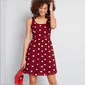 Hearts Aflutter A-Line Dress by ModCloth -Wine color with Pink hearts in size XL